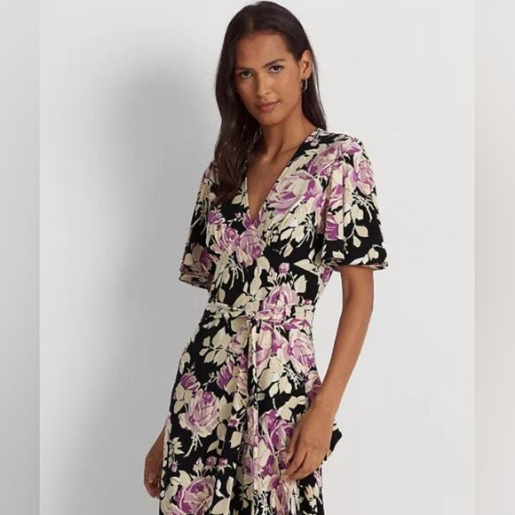 Ralph Lauren Floral Faux Wrap Hi Low V-Neck Wedding Guest Dress - Picture 3 of 10